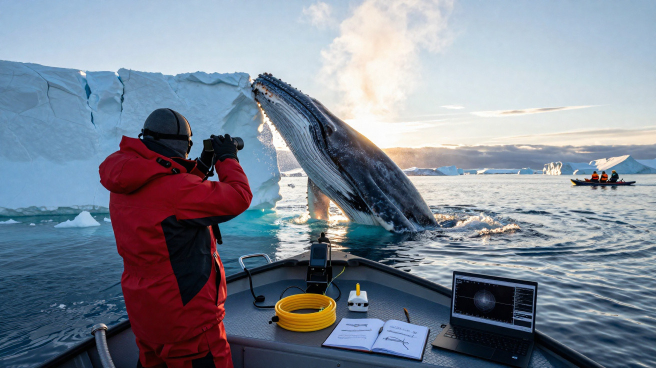 Baleia a emergir perto de barco com fotografo e três pessoas em caiaque em águas geladas junto a icebergs.