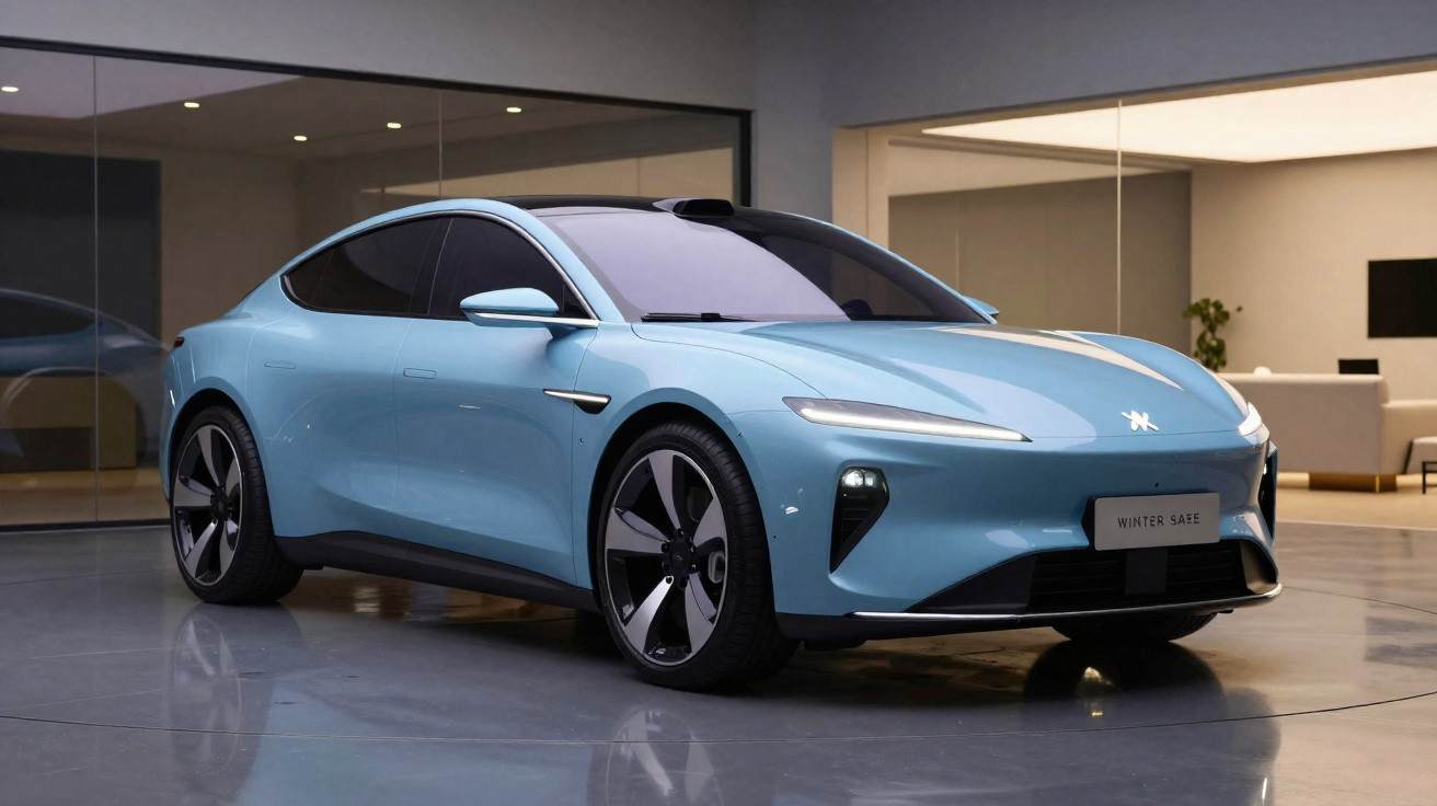 Carro elétrico azul claro futurista numa sala de exposição moderna com paredes de vidro e chão brilhante.