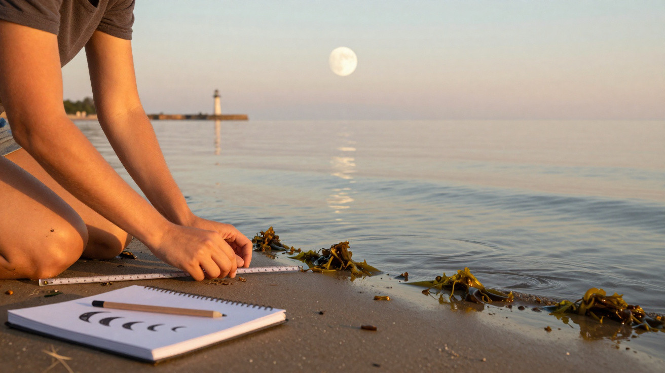 Pessoa a desenhar fases da lua numa prancheta na praia ao pôr do sol com farol e lua cheia ao fundo.