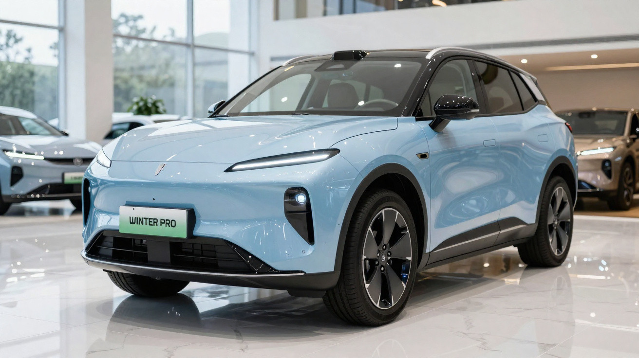 Carro elétrico SUV azul claro Winter Pro exposto em showroom moderno com piso branco brilhante.
