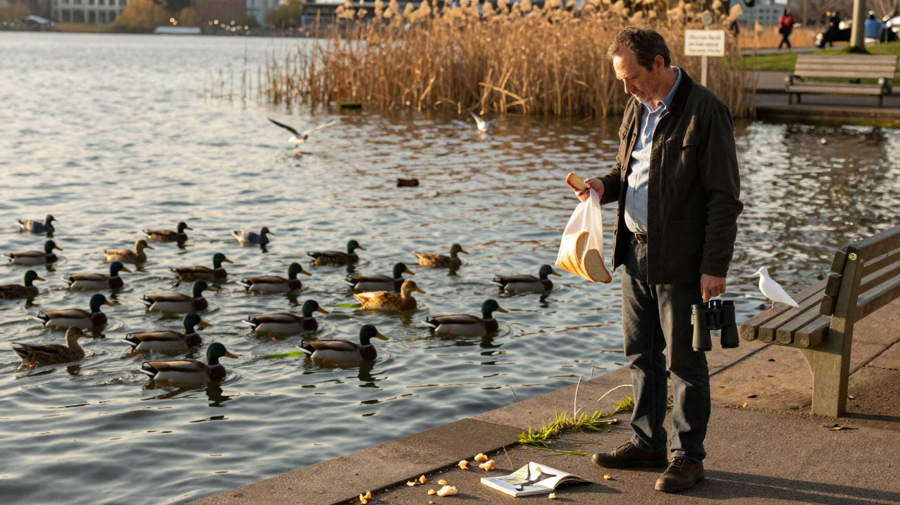 Homem com binóculos alimenta patos junto a um lago ao pôr do sol, com aves na água e no ar.