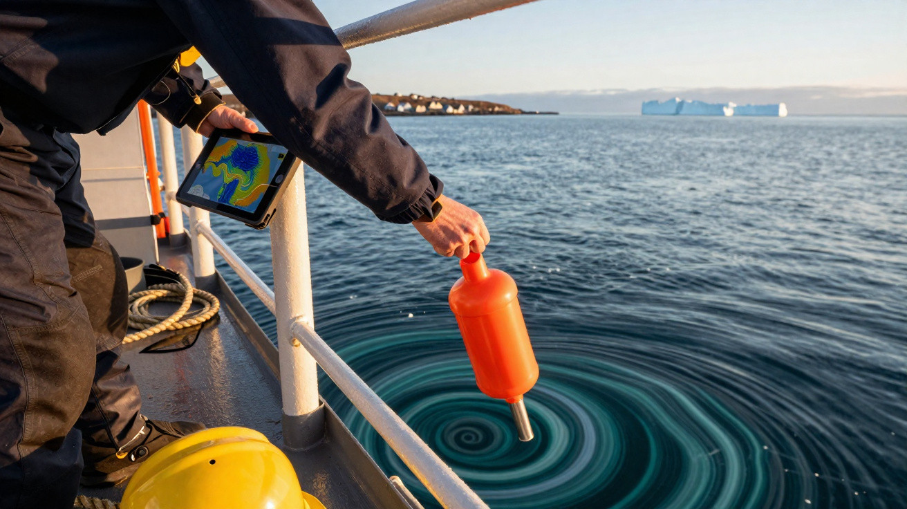 Investigador com fato laranja lança dispositivo no mar perto de um redemoinho, segurando tablet com dados oceanográficos.