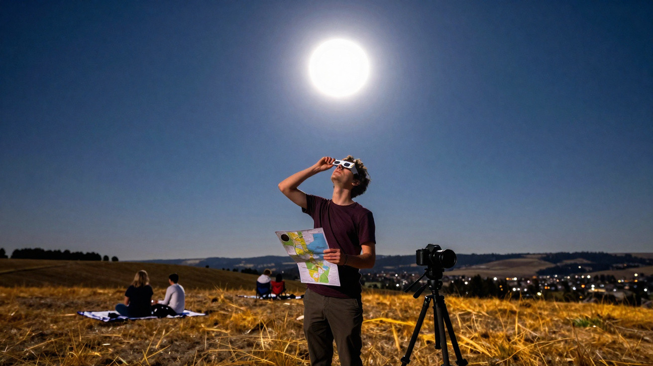 Pessoa a observar um eclipse solar parcial num campo aberto, com câmeras e mapa na mão.