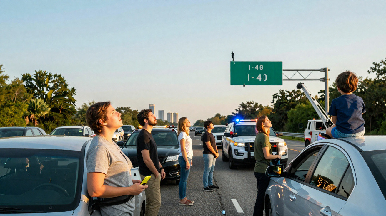 Pessoas e carros parados numa autoestrada a olhar para um homem pequeno a pé na placa de trânsito I-49.