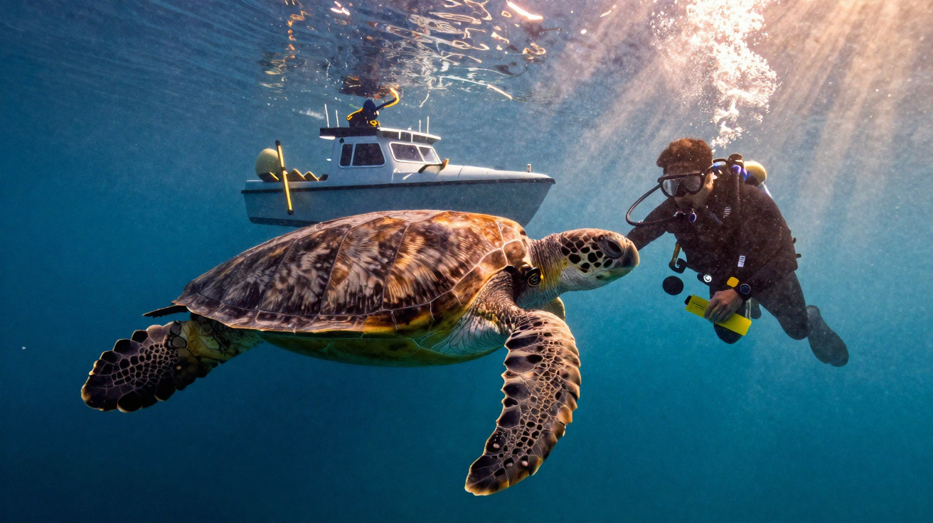 Mergulhador próximo a uma tartaruga marinha grande, com um barco à superfície ao fundo.