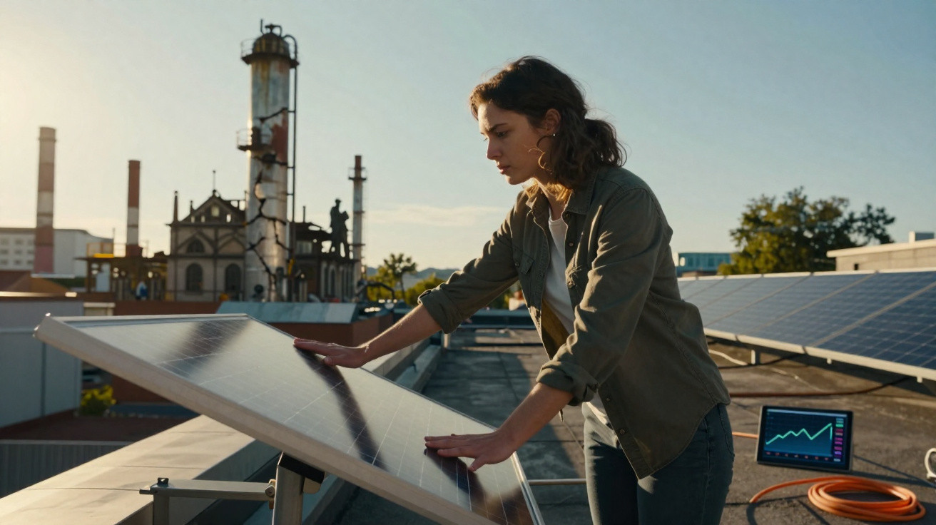 Mulher ajusta painel solar num terraço urbano com gráfico de dados num computador portátil ao lado.