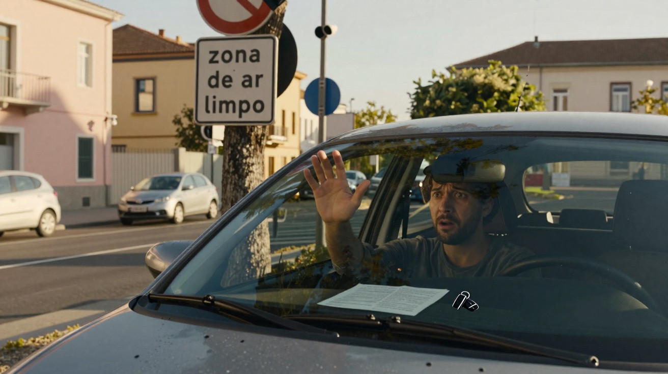 Homem dentro de carro branco expressa frustração com a mão levantada numa rua com placa "zona de ar limpo".