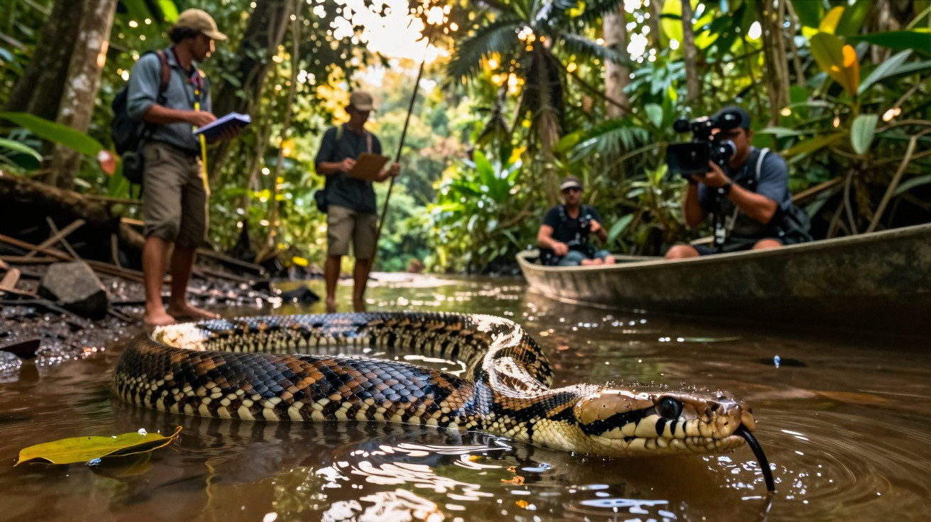 Cobra numa lagoa na floresta tropical com três homens a observar e filmar em segundo plano.