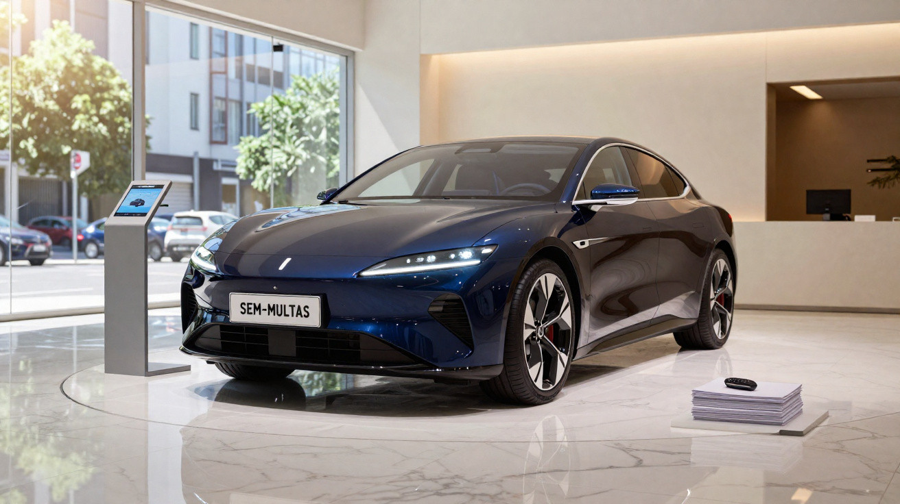 Carro elétrico azul escuro em exposição numa sala moderna com chão em mármore e grandes janelas.