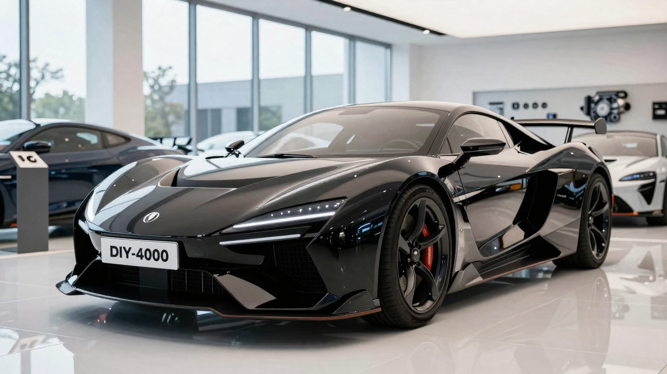 Carro desportivo preto brilhante com design aerodinâmico exibido em showroom moderno.