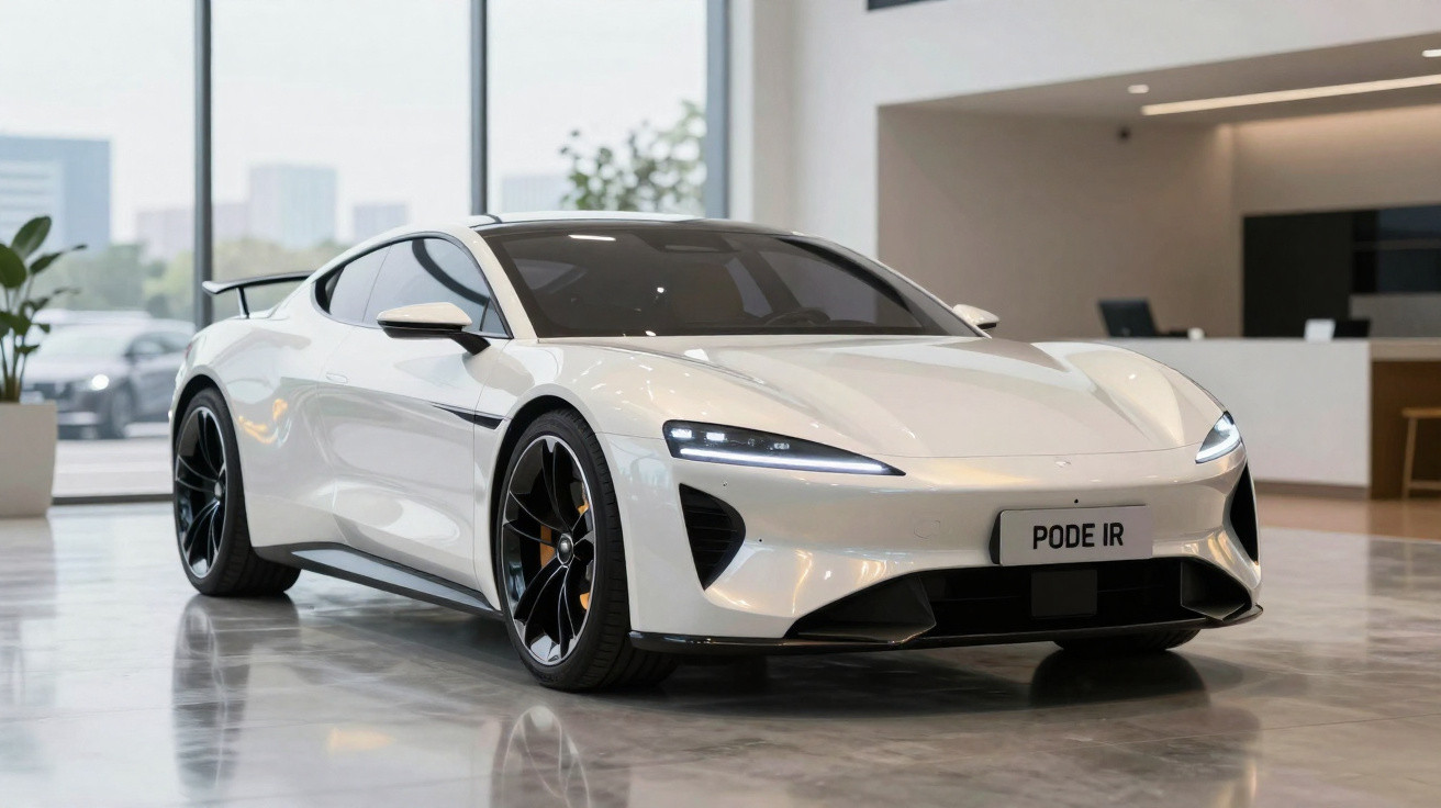 Carro desportivo branco estacionado em showroom com luzes dianteiras acesas e placa personalizada "PODE IR"