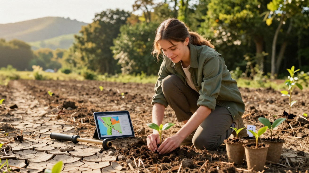Mulher jovem a plantar sementes num campo com laptop e equipamentos de agricultura ao lado.
