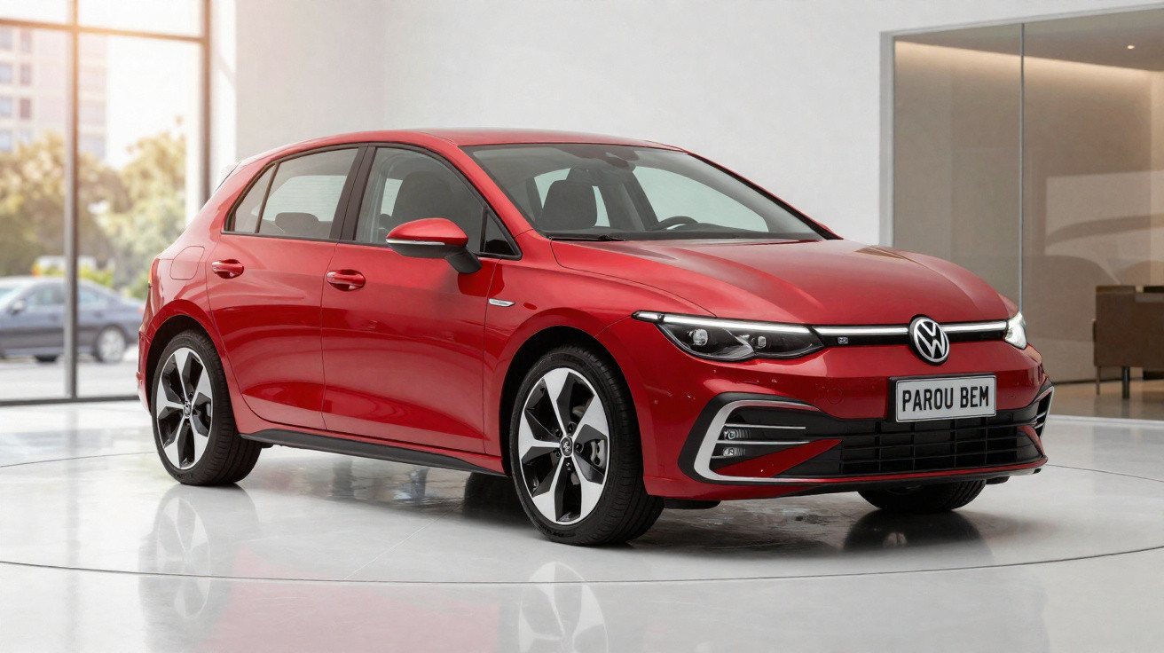 Carro Volkswagen Golf vermelho estacionado em salão de exposições moderno e iluminado.