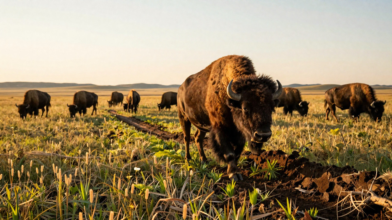 Manada de bisontes a pastar numa planície durante o pôr do sol com céu limpo e horizonte distante.
