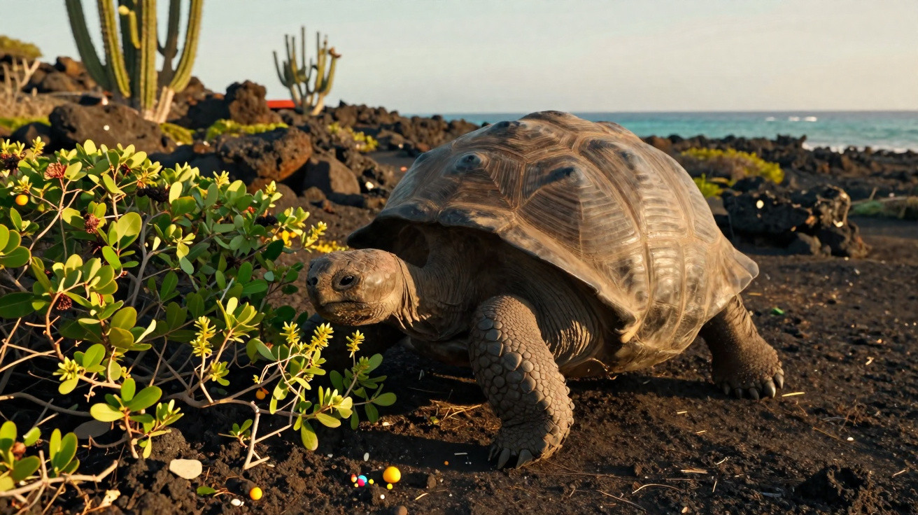 Tartaruga gigante em terreno rochoso junto a plantas, com mar e céu ao fundo, em ambiente natural seco.