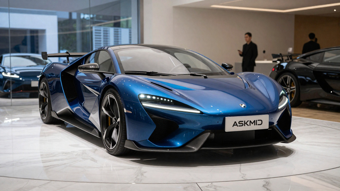 Carro desportivo azul metálico em exposição num salão com chão em mármore branco.