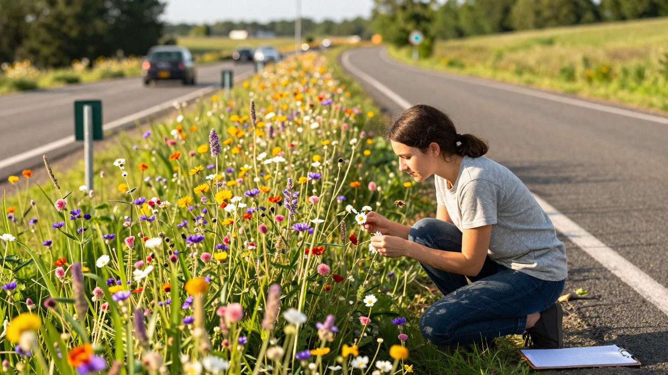 Mulher agachada colhendo flores silvestres numa berma de estrada com trânsito ao fundo.