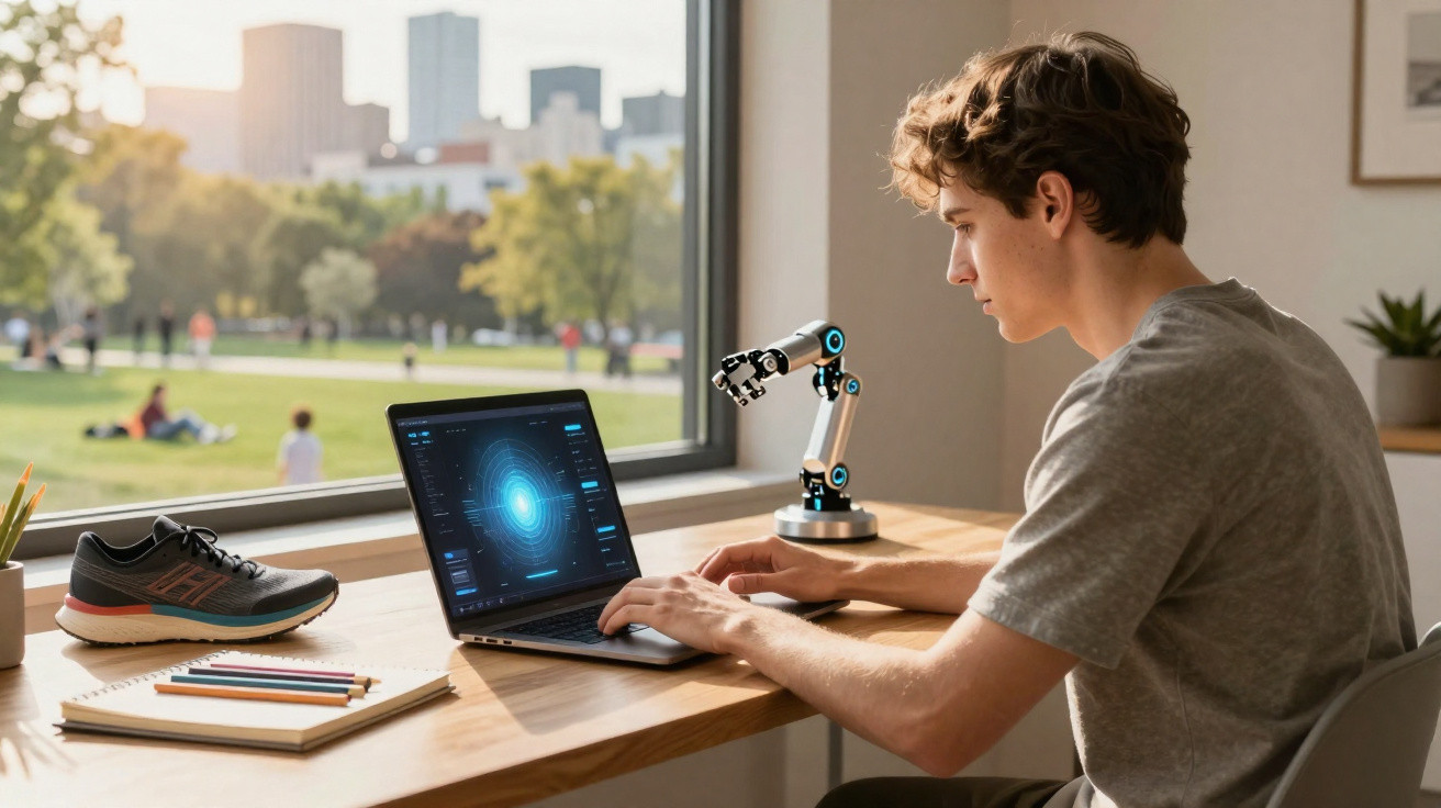 Jovem a trabalhar num computador portátil com interface futurista, junto a braço robótico, numa mesa perto de janela.
