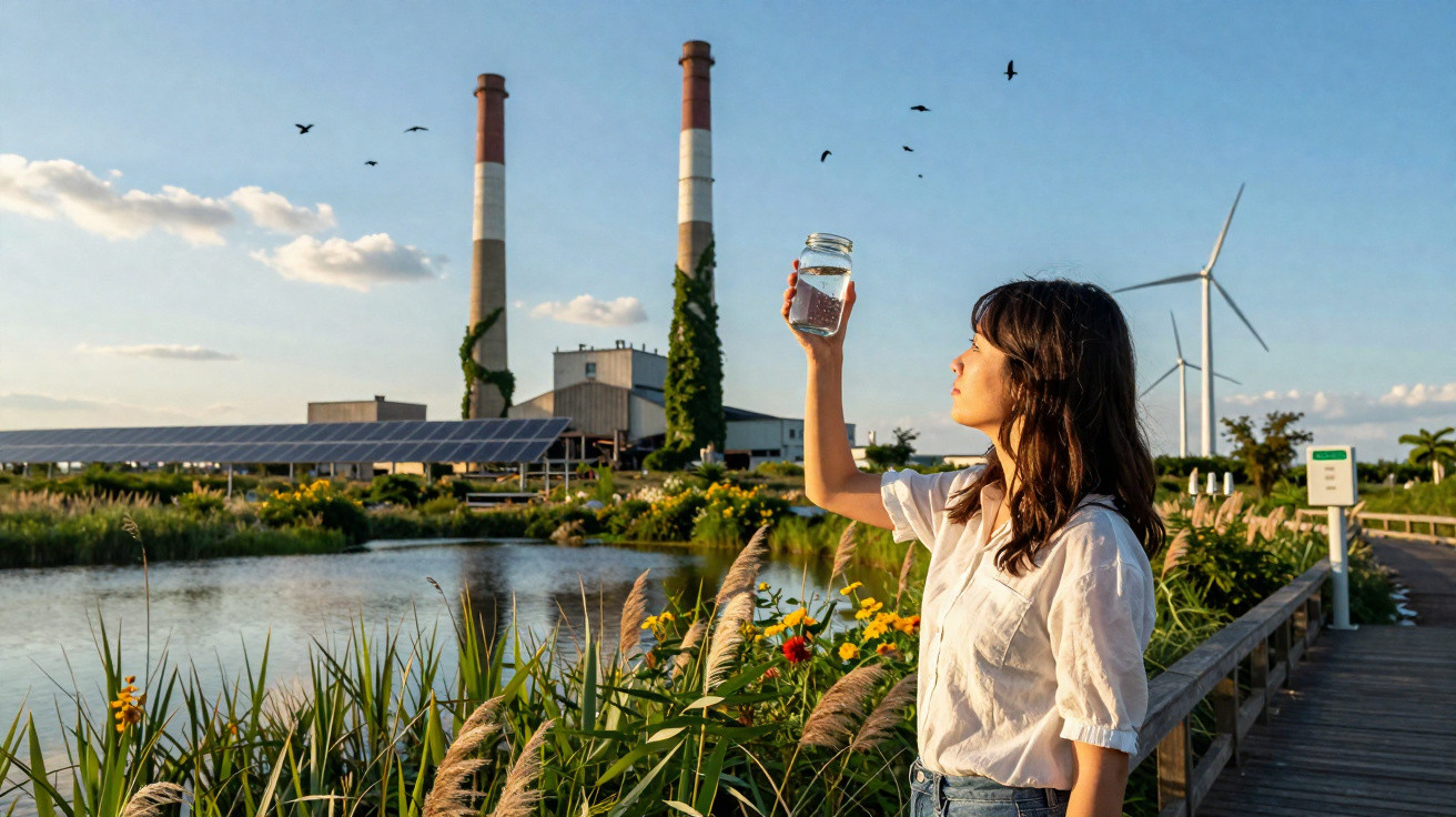 Mulher segura copo de água junto a paisagem com turbinas eólicas, painéis solares e chaminés industriais.
