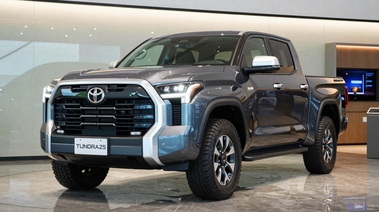 Pick-up Toyota Tundra cinza estacionada em ambiente interior com chão refletor.