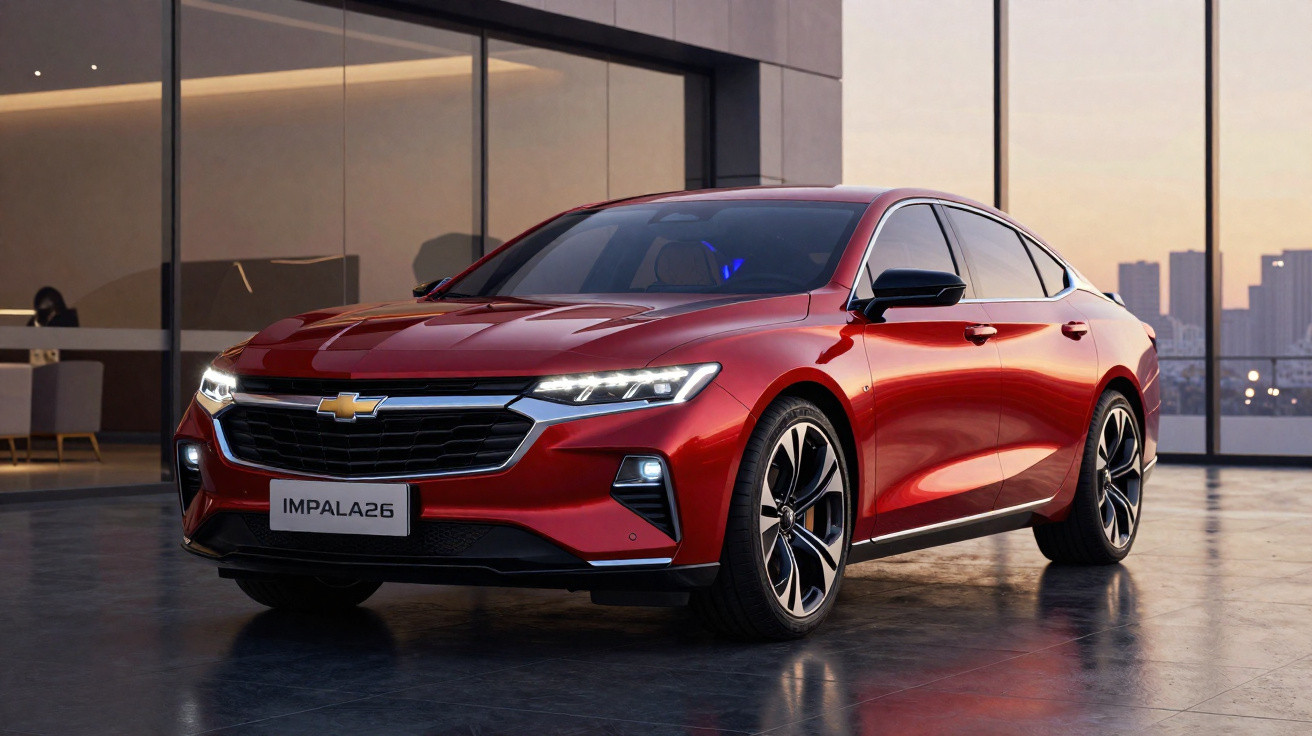 Carro vermelho Chevrolet Impala26 estacionado em piso interior com janelas grandes e vista urbana ao fundo.