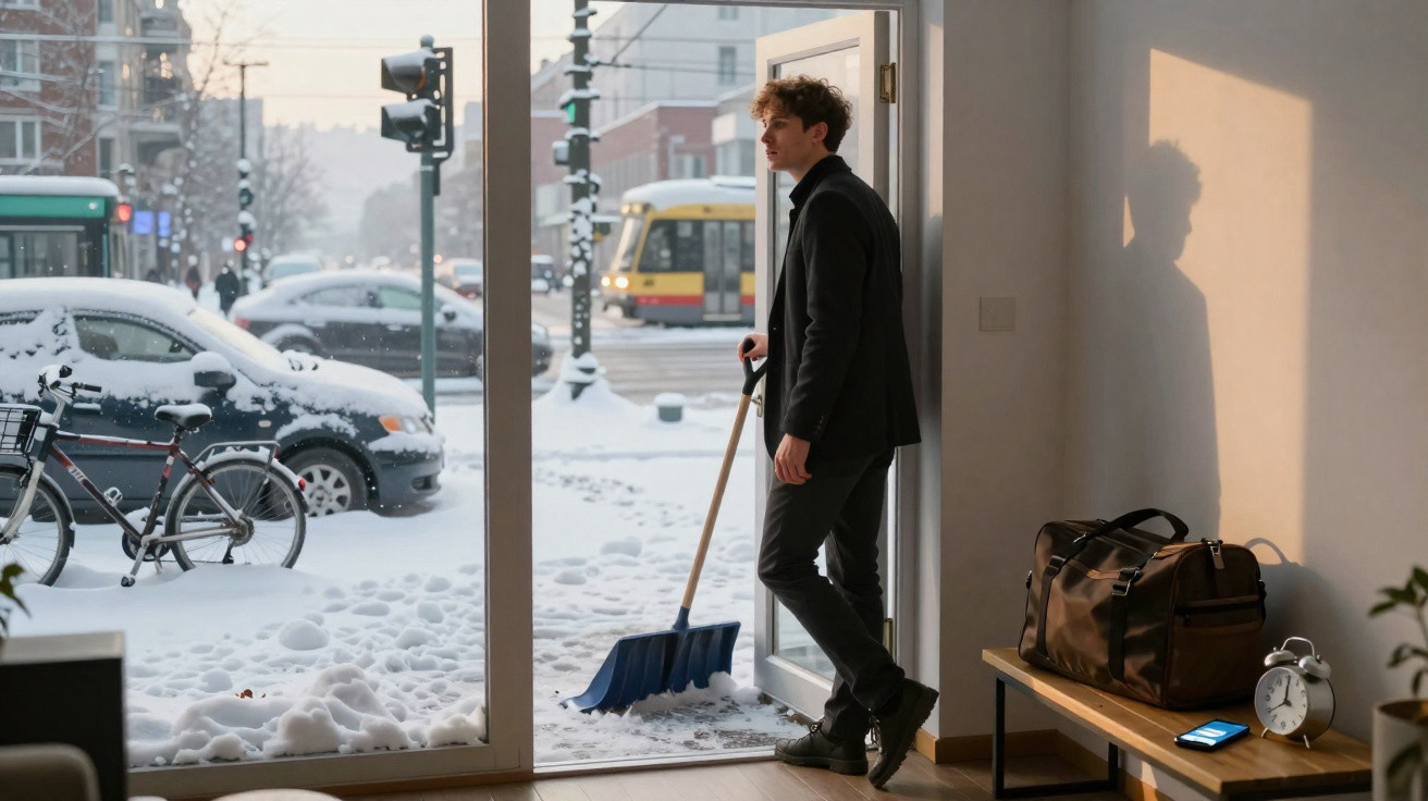Homem com pá de neve observa rua nevado ao sair de casa ao pôr do sol.