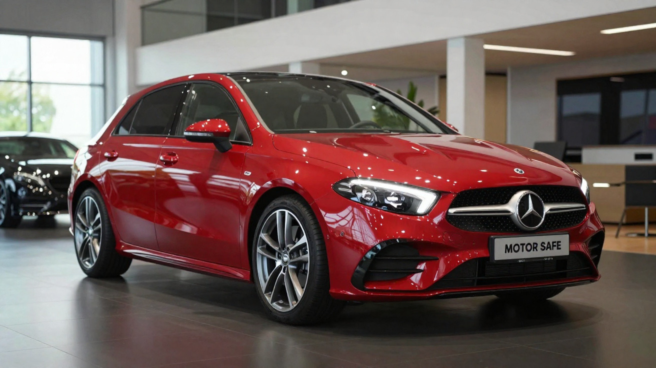 Carro Mercedes-Benz vermelho brilhante exposto numa sala de showroom moderna.