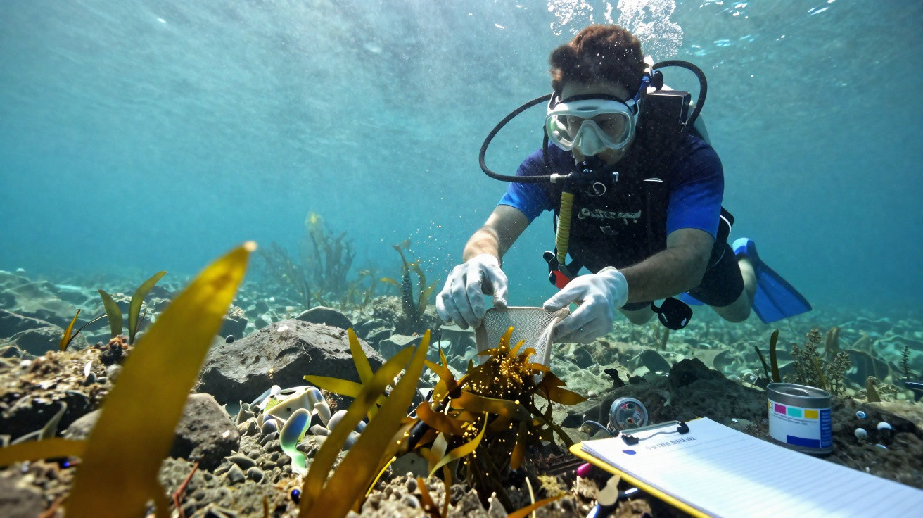 Mergulhador a investigar flora marinha junto a documento e equipamento no fundo do mar iluminado pelo sol.