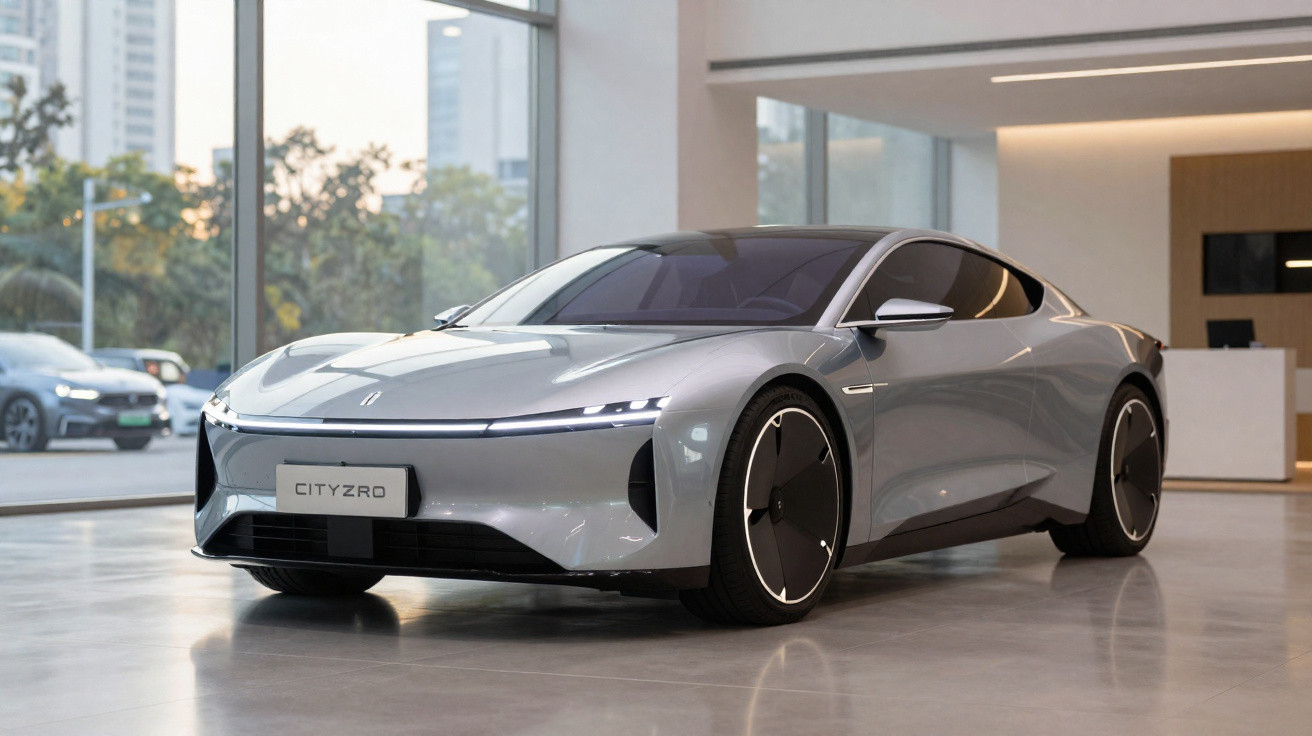 Carro elétrico desportivo prata Cityzro estacionado em interior moderno com janelas amplas.