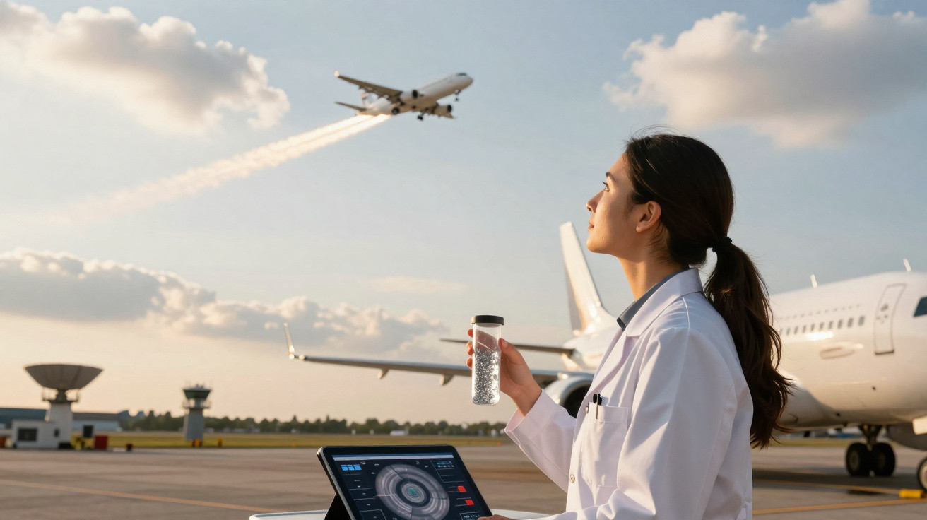 Mulher cientista no aeroporto com frasco de comprimidos e tablet, avião a descolar ao fundo.