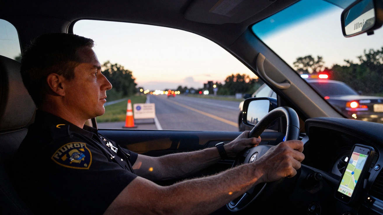 Polícia dentro de viatura a vigiar estrada durante abordagem policial ao pôr do sol.