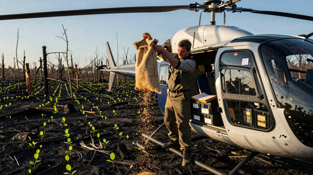 Homem tira sementes de saco junto a helicóptero em área florestal com sinais de incêndio e rebentos verdes.