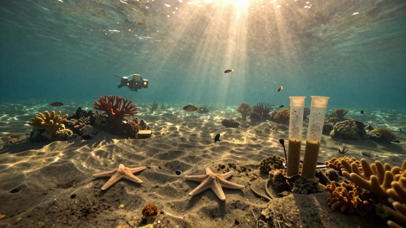 Veículo subaquático explorando fundo marinho com corais, estrelas-do-mar e amostras em tubos.