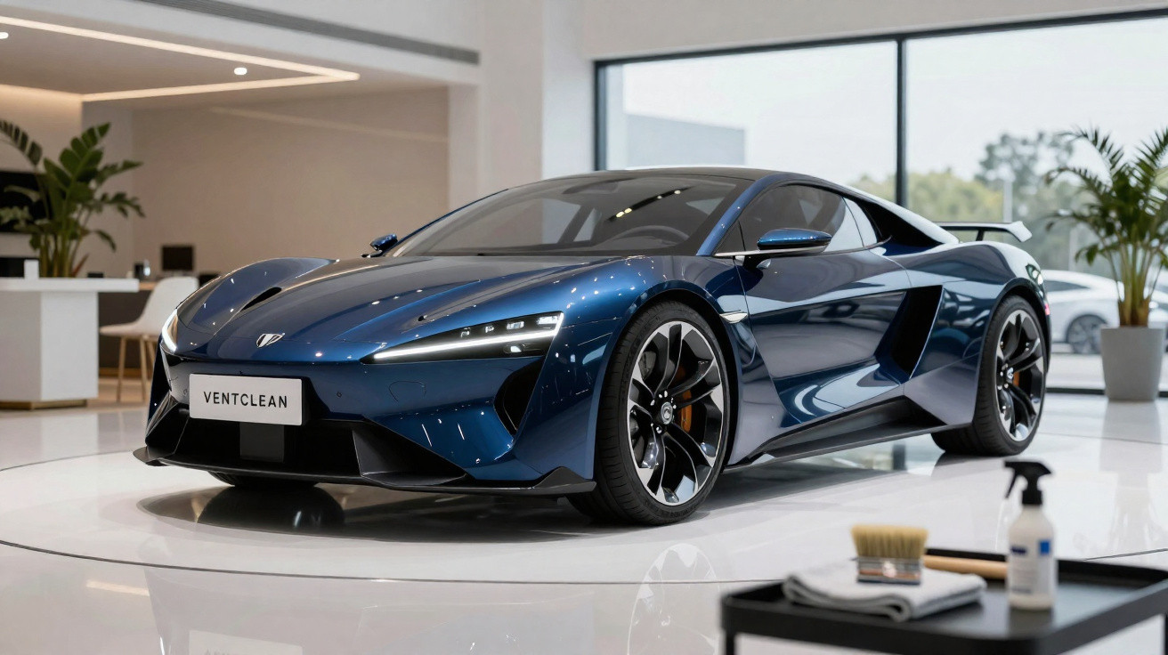 Carro desportivo elétrico azul metálico exposto num salão moderno e luminoso.