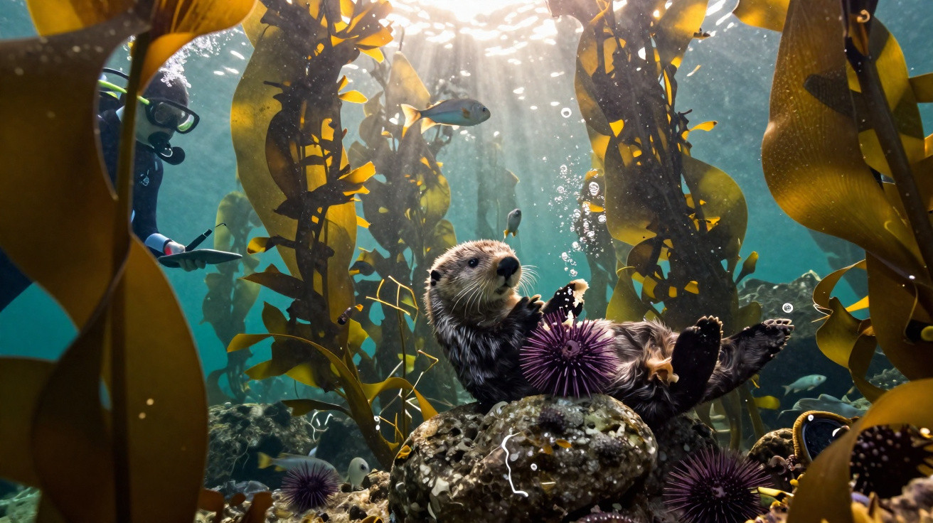 Lontra marinha debaixo de água entre algas e ouriços-do-mar com mergulhador ao lado a observar.