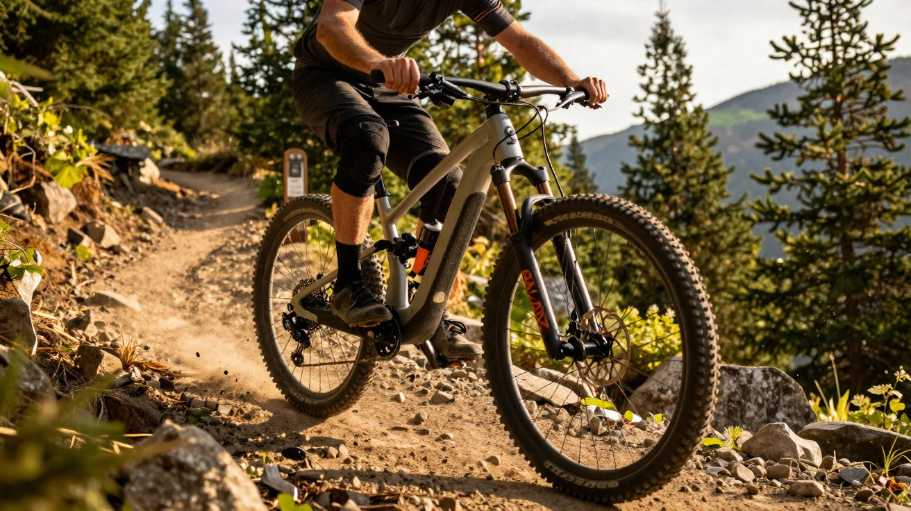 Pessoa a andar de bicicleta de montanha em trilho rochoso rodeado de árvores e montanhas ao pôr do sol.