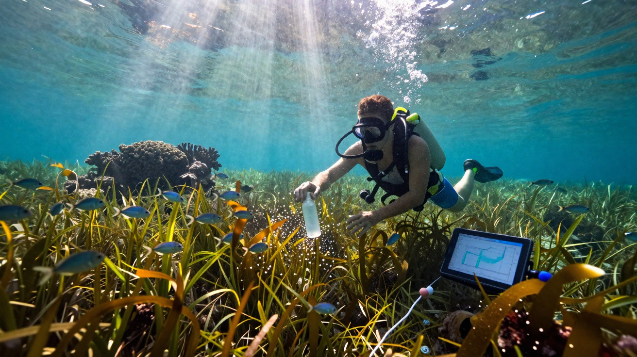 Mergulhador a recolher amostras marinhas entre plantas aquáticas, com equipamento e luz solar a penetrar na água.