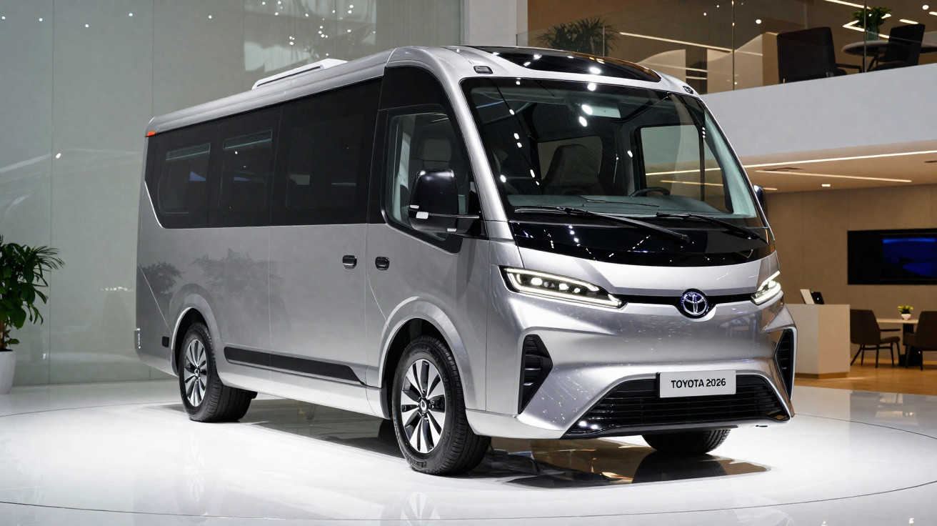 Minibus Toyota 2026 prateado com design moderno e faróis LED, exibido em ambiente interior.