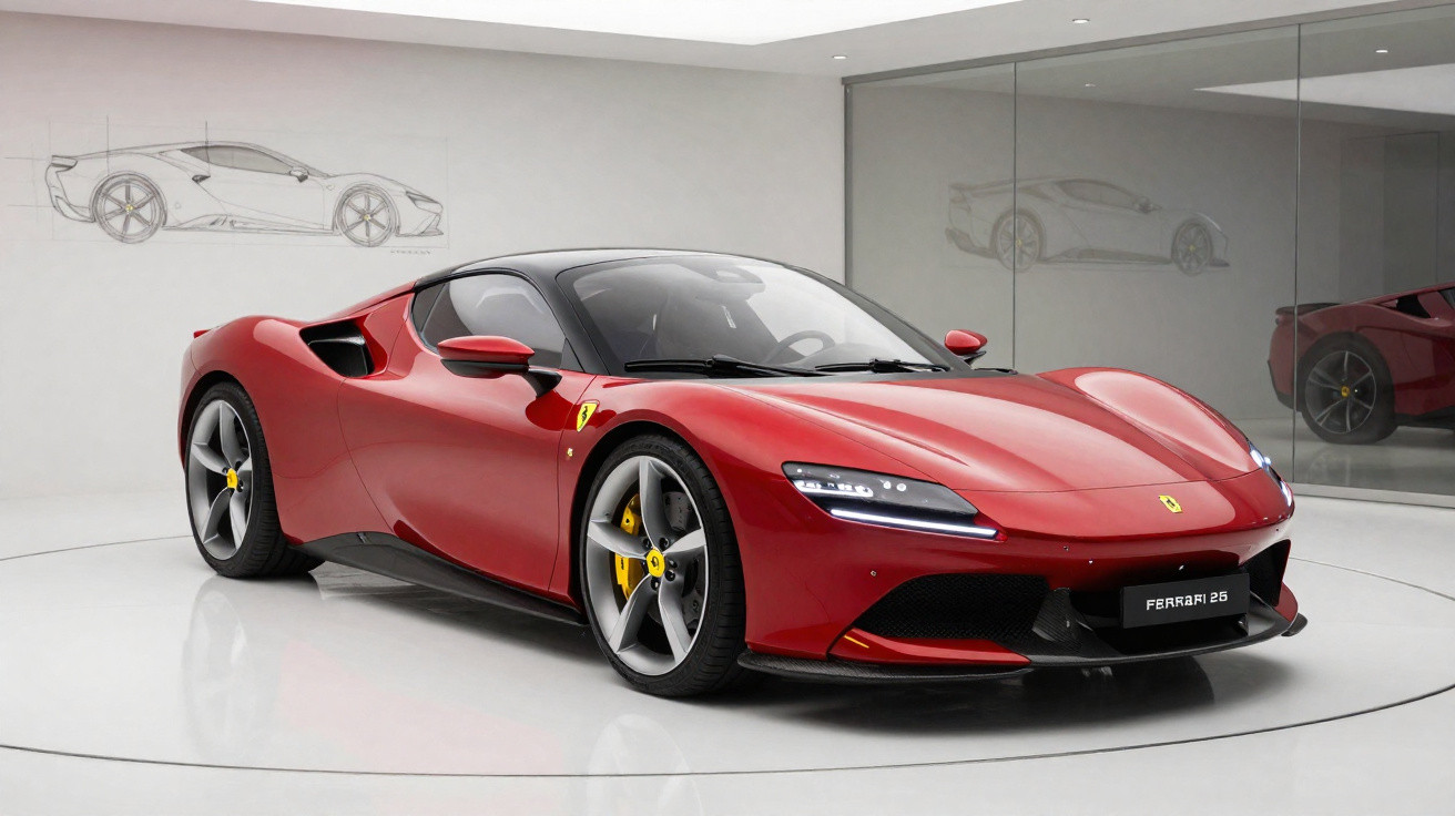 Ferrari vermelha com design desportivo e detalhes pretos, exposta numa sala branca com espelhos.