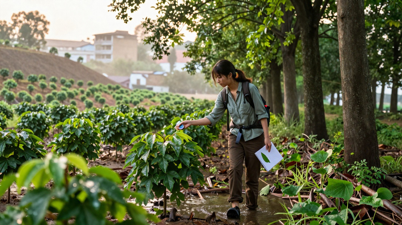 Mulher a analisar plantas agrícolas numa plantação, segurando caderno com imagem de folha, de manhã.