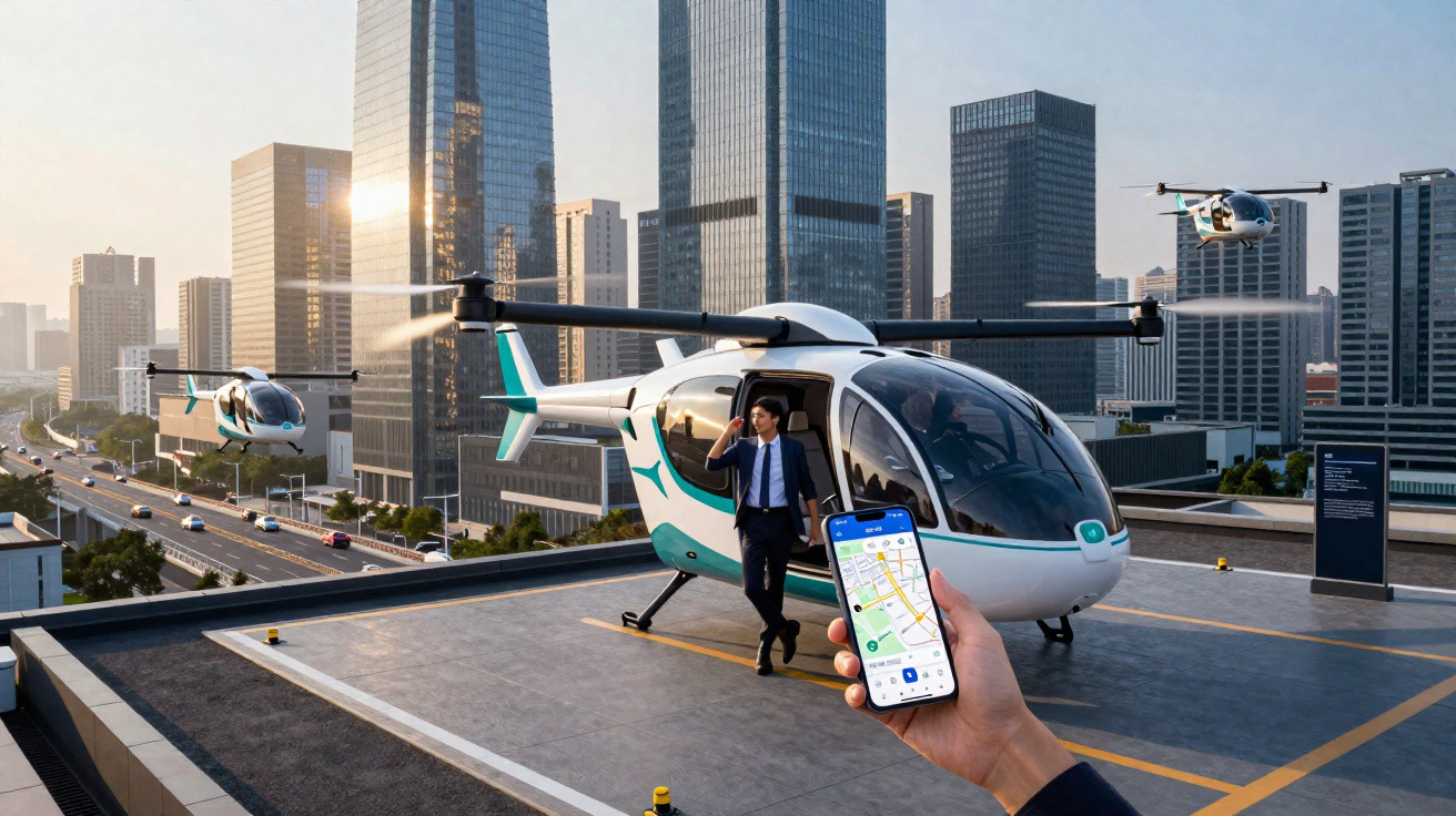 Helicóptero elétrico estacionado num terraço urbano com dois homens em fatos, um com telemóvel na mão.