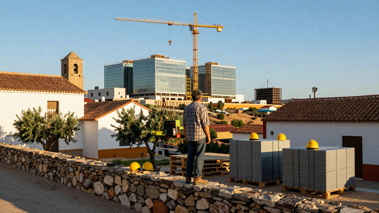 Homem observa construção moderna e grua ao lado de casas tradicionais com telhados de telha vermelha.
