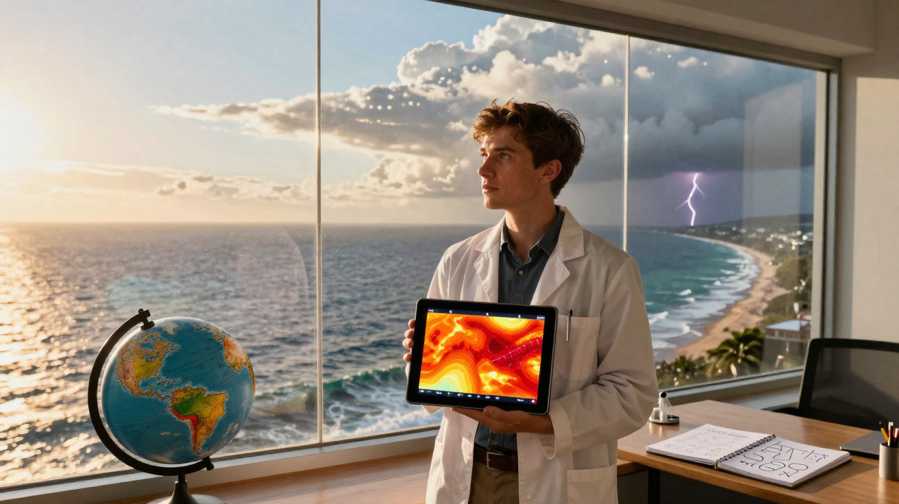 Pessoa com bata branca segura tablet com mapa térmico junto a janela com vista para o mar e relâmpago.