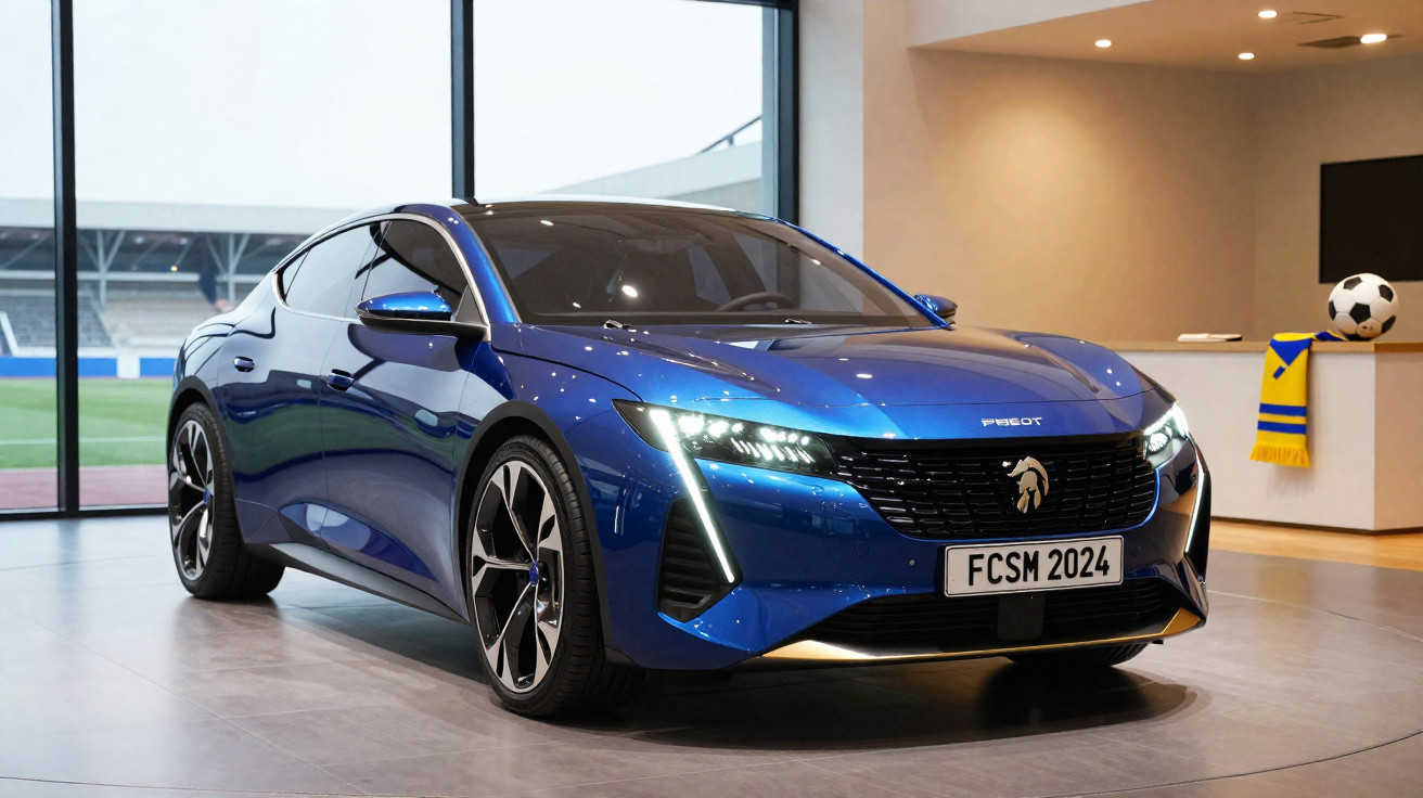 Carro desportivo azul Peugeot 2024 estacionado num salão com vista para um estádio desportivo.
