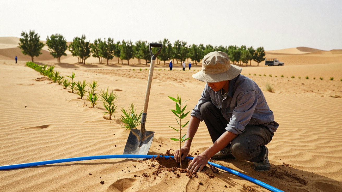 Pessoa a plantar uma muda de árvore no deserto em filas alinhadas de vegetação jovem.