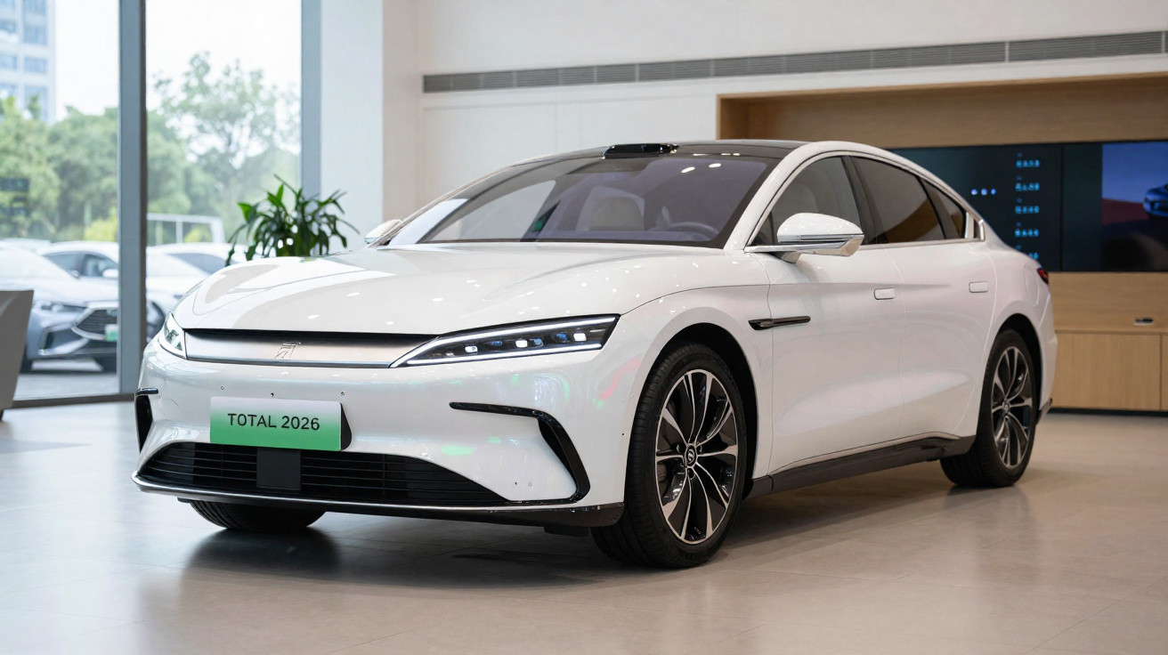 Carro elétrico branco moderno estacionado dentro de uma concessionária com luz natural a entrar.