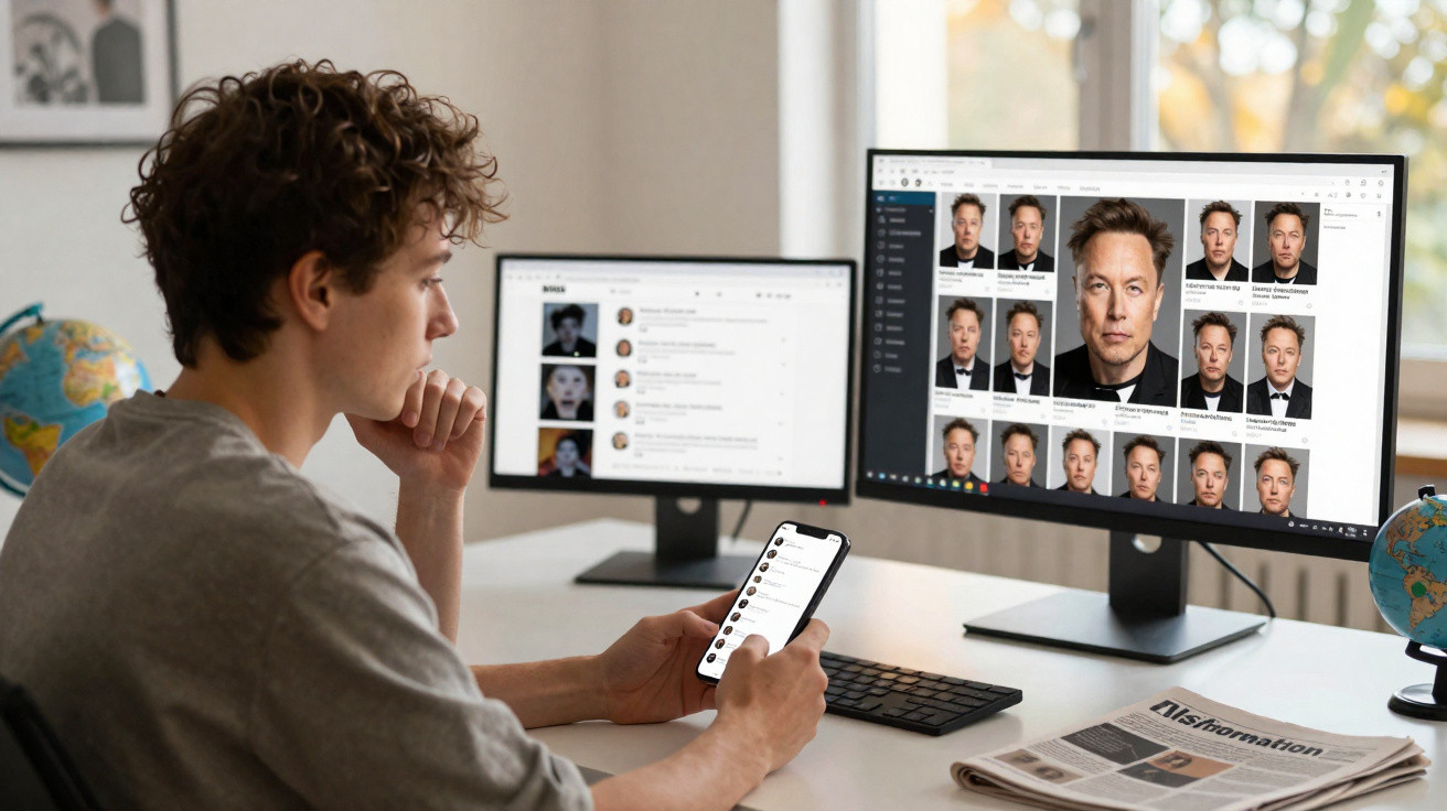 Homem a usar telemóvel com laptop e monitor mostrando fotos de rosto no escritório moderno.