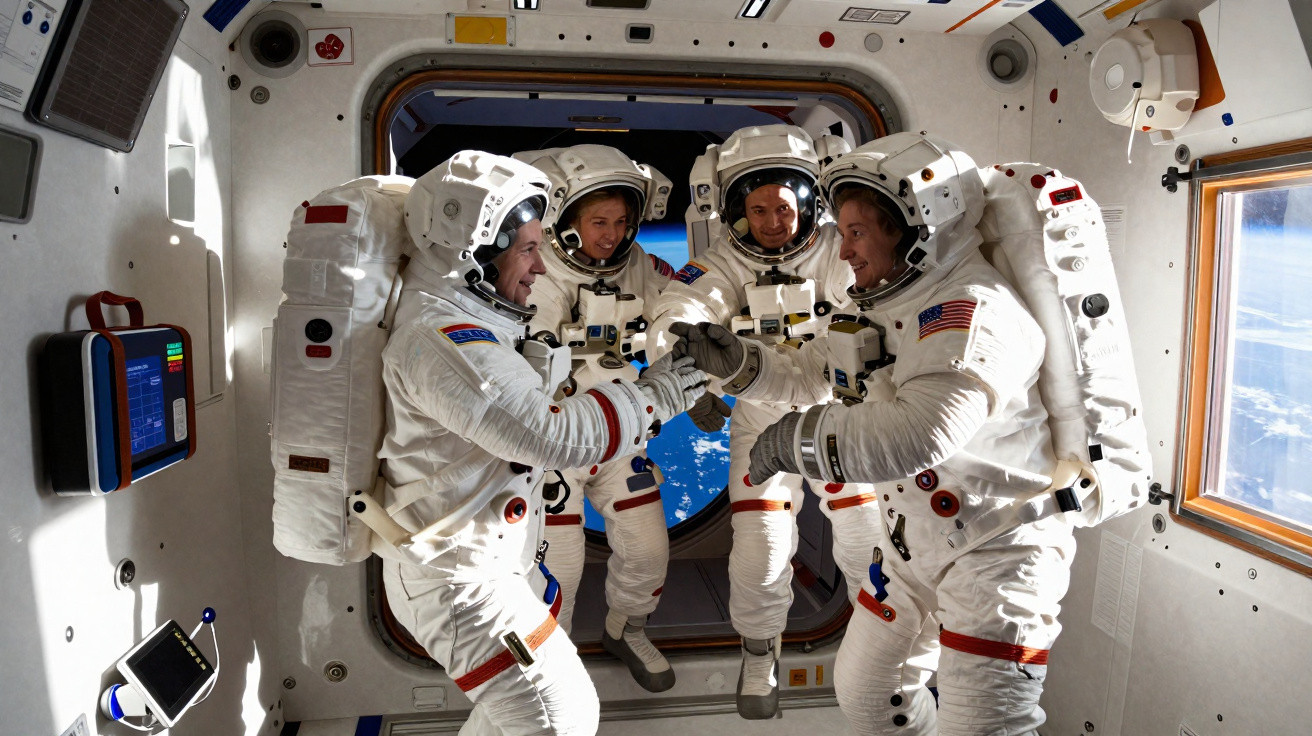Três astronautas em fato espacial festejam no interior de uma estação espacial com a Terra ao fundo pela janela.