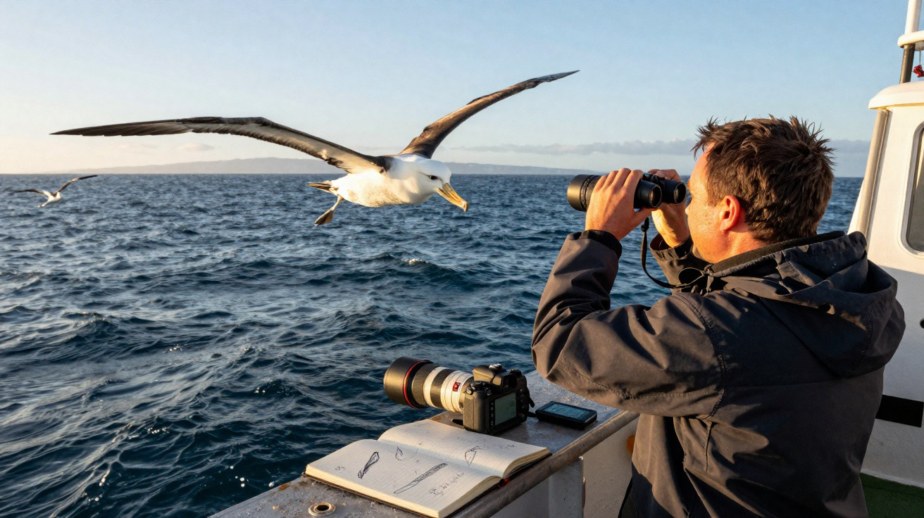 Homem observa ave marinha com binóculo num barco no mar, com caderno e câmera na borda.
