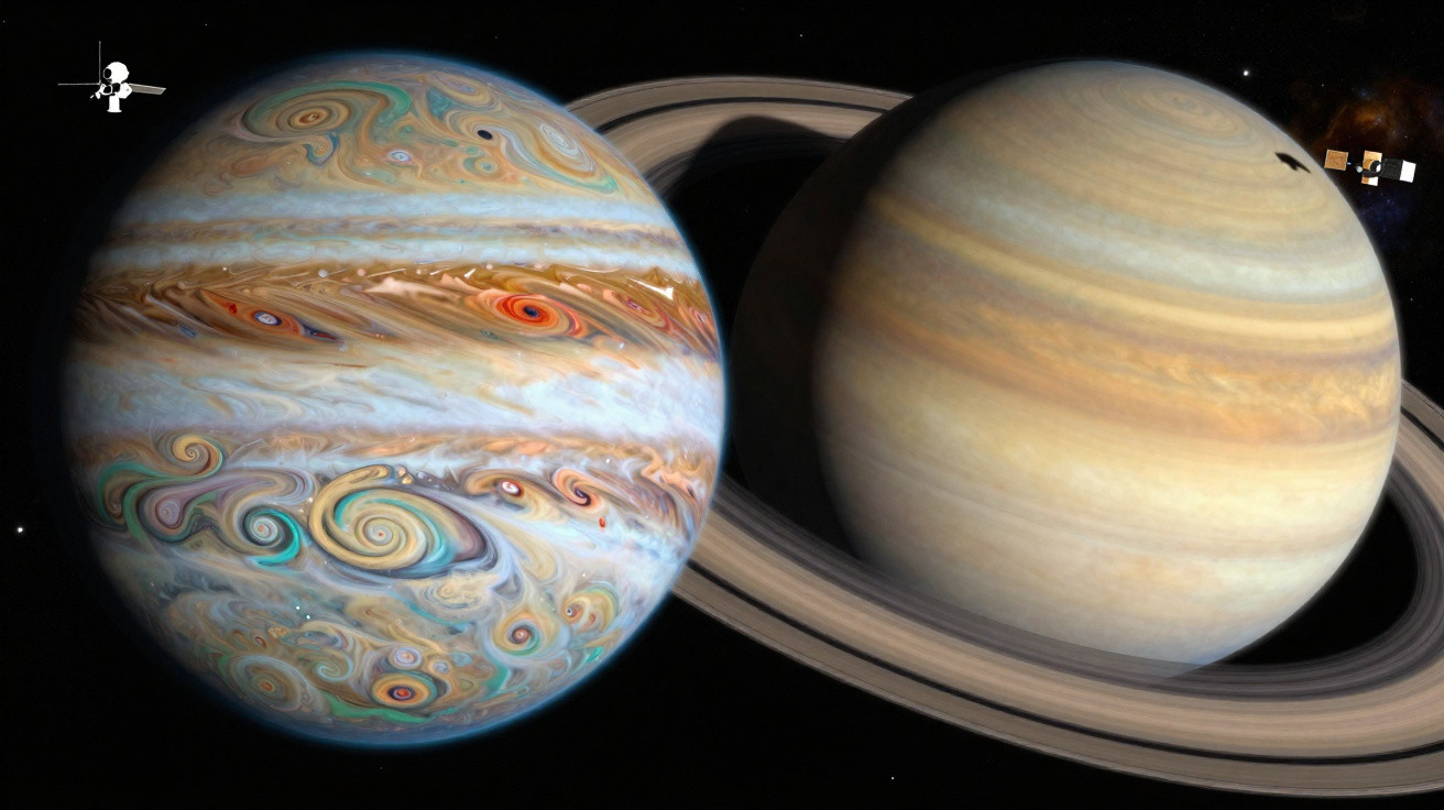 Planetas Júpiter e Saturno lado a lado com detalhes das suas atmosferas e anéis, respetivamente.